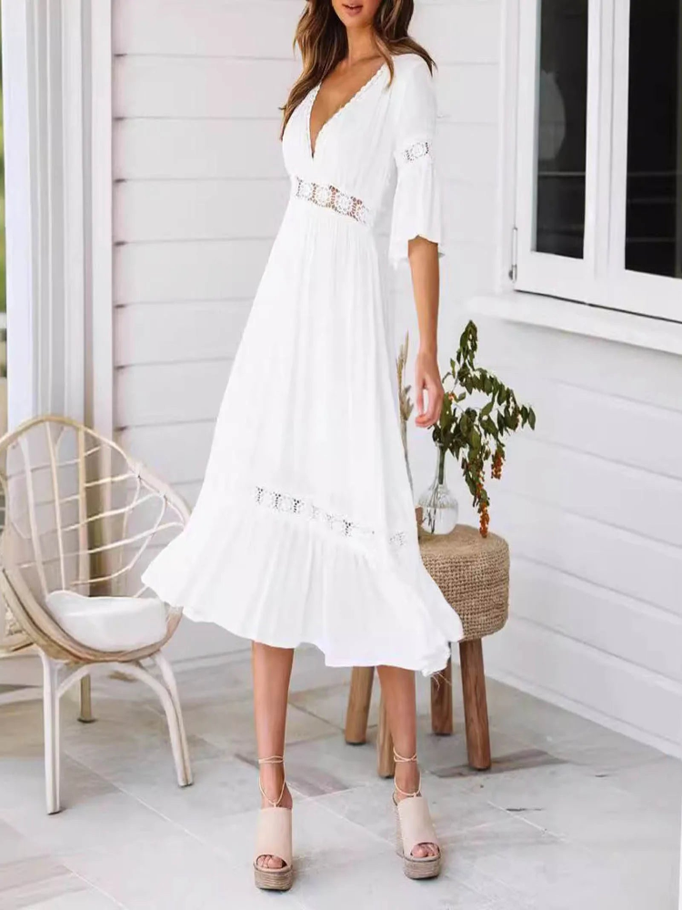 White Long Boho Lace Dress