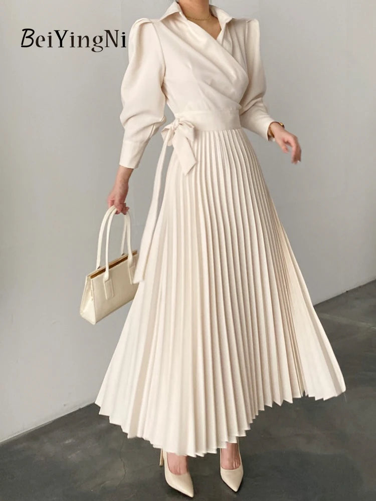 Elegant Puff Sleeve Pleated Dress