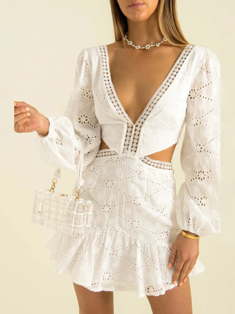 Elegant Lace Hollow-Out Mini Dress