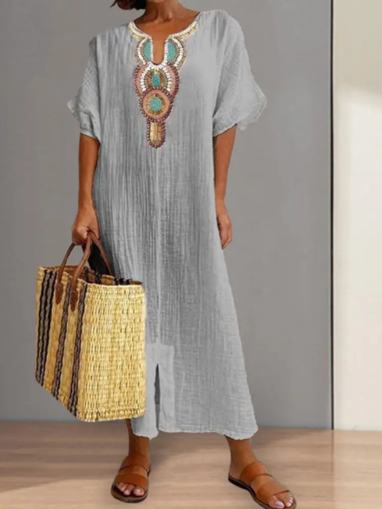 Flower Design V Neck Cotton Linen Dress