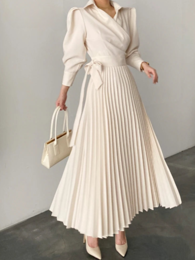 Elegant Puff Sleeve Pleated Dress