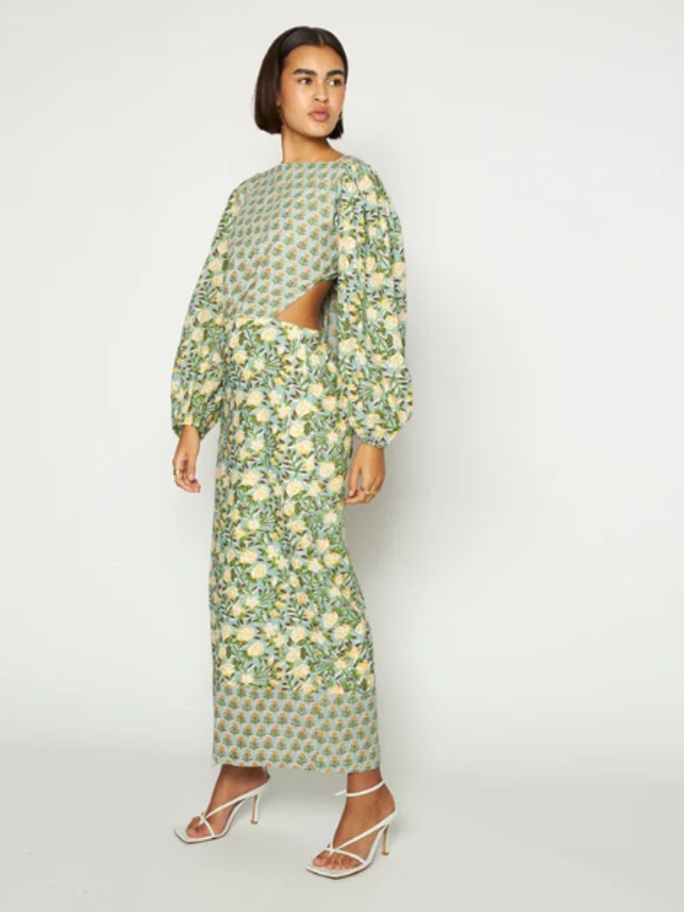 Striped Backless Maxi Dress with Belt and Lantern Sleeves