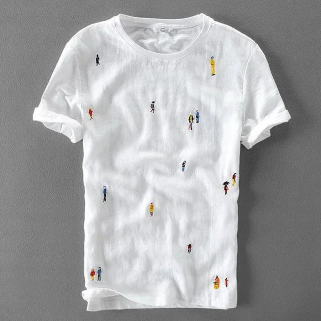 Men's Embroidered Linen T-Shirt: White, Short Sleeve