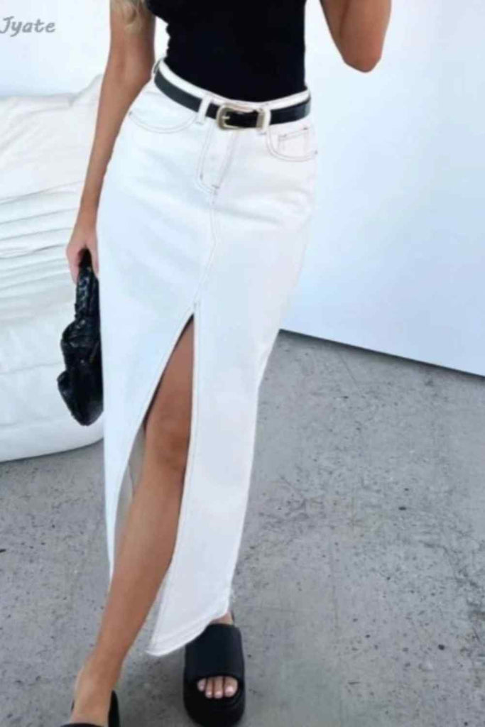 High-Waist Denim Slit Skirt