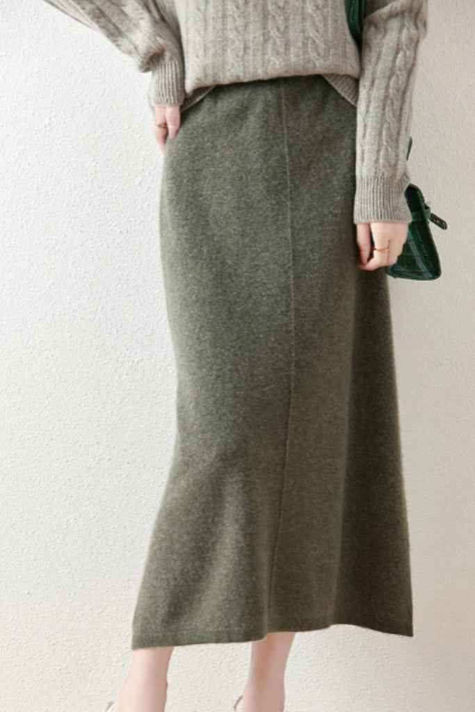 Elegant High-Waisted Pure Wool Midi Skirt