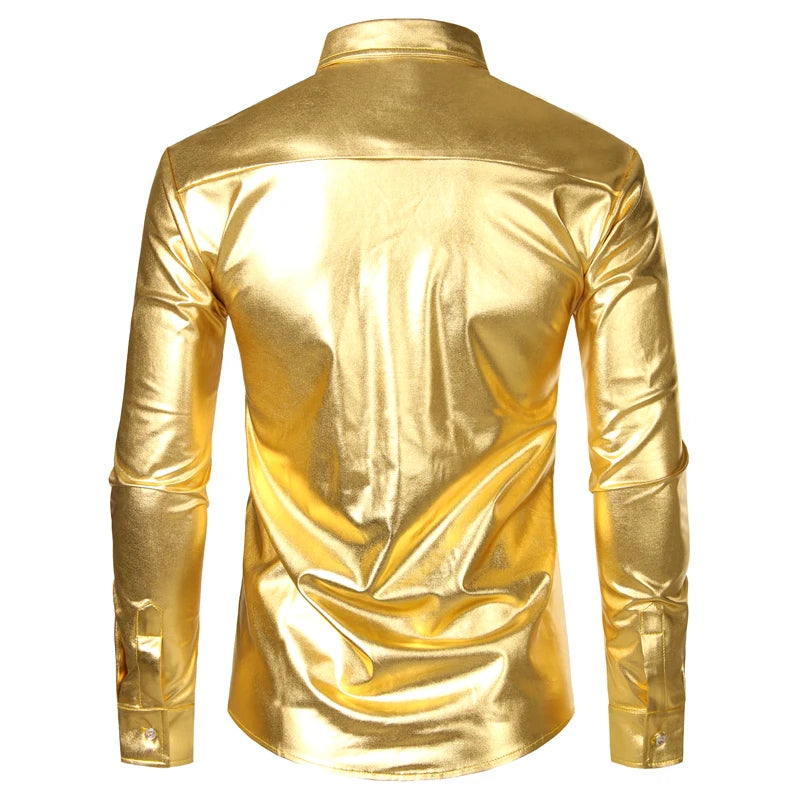 Men's Disco Shiny Gold Sequin Metallic Design Dress Shirt Long Sleeve Button Down Christmas Halloween Bday Party Stage Costume