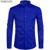 Men's Royal Blue Dress Shirts 2022 Brand Banded Mandarin Collar Shirt Male Long Sleeve Casual Button Down Shirt with Pocket 2XL