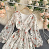 Women's French-Style Vintage Floral Print Jumpsuit V-neck Puff Sleeve Waist Hugging Slimming All-match Casual Playsuits PL465