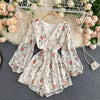 Women's French-Style Vintage Floral Print Jumpsuit V-neck Puff Sleeve Waist Hugging Slimming All-match Casual Playsuits PL465