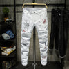 New Men Streetwear personality Ripped printed white skinny Jeans Hip Hop Punk Casual motorcycle stretch denim jeans trousers