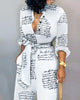 Fashion Newspaper Print Lace-Up Jumpsuits Full Sleeve Autumn Rompers High Waist Wide Leg Pants Temperament Overall Jumpsuits
