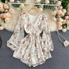 Women's French-Style Vintage Floral Print Jumpsuit V-neck Puff Sleeve Waist Hugging Slimming All-match Casual Playsuits PL465