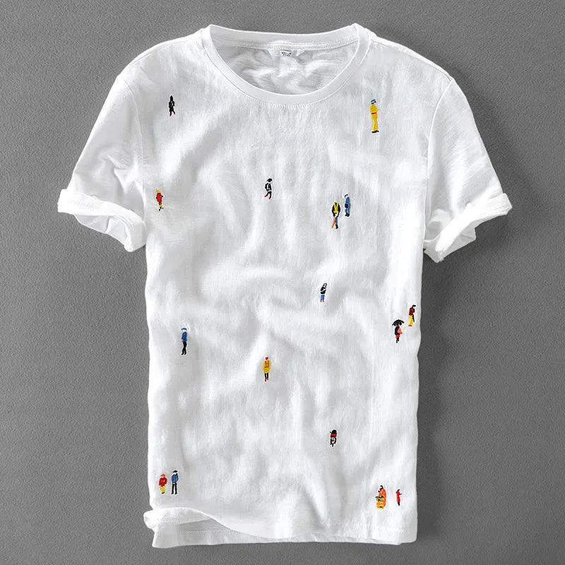Men's Embroidered Linen T-Shirt: White, Short Sleeve