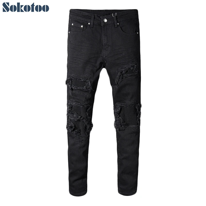 Slim Fit Black Patchwork Jeans