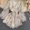 Women's French-Style Vintage Floral Print Jumpsuit V-neck Puff Sleeve Waist Hugging Slimming All-match Casual Playsuits PL465