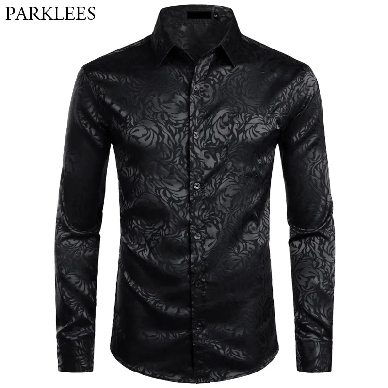 Men's Floral Black Dress Shirts 2023 Stylish New Long Sleeve Steampunk Shirt Men Party Club Bar Social Shirt Male Chemise Homme