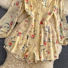 Women's French-Style Vintage Floral Print Jumpsuit V-neck Puff Sleeve Waist Hugging Slimming All-match Casual Playsuits PL465