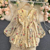 Women's French-Style Vintage Floral Print Jumpsuit V-neck Puff Sleeve Waist Hugging Slimming All-match Casual Playsuits PL465