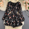 Women's French-Style Vintage Floral Print Jumpsuit V-neck Puff Sleeve Waist Hugging Slimming All-match Casual Playsuits PL465