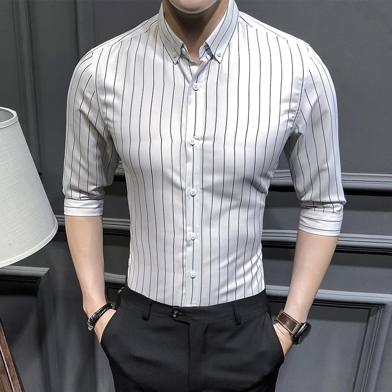 Shirts for Men Clothing Korean Slim Fit Half Sleeve Striped Shirt Men Casual Plus Size Business Formal Wear Chemise Homme 5XL-M