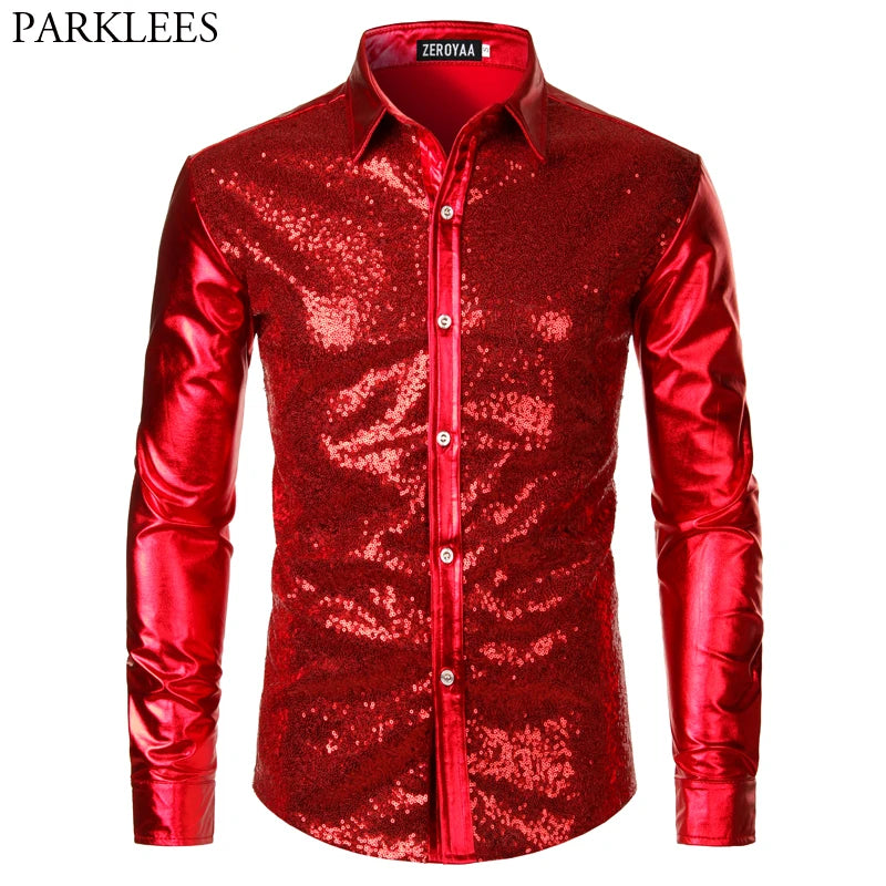Red Sequin Metallic Patchwork Shirt Men 2023 New 70's Disco  Nightclub Sparkle Shirt Mens Halloween Party Stage Prom Costume 2XL