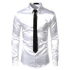 Silver Silk Shirt+Tie Set Mens Satin Smooth Tuxedo Shirts Casual Button Down Men Dress Shirts Wedding Party Prom Chemise Homme