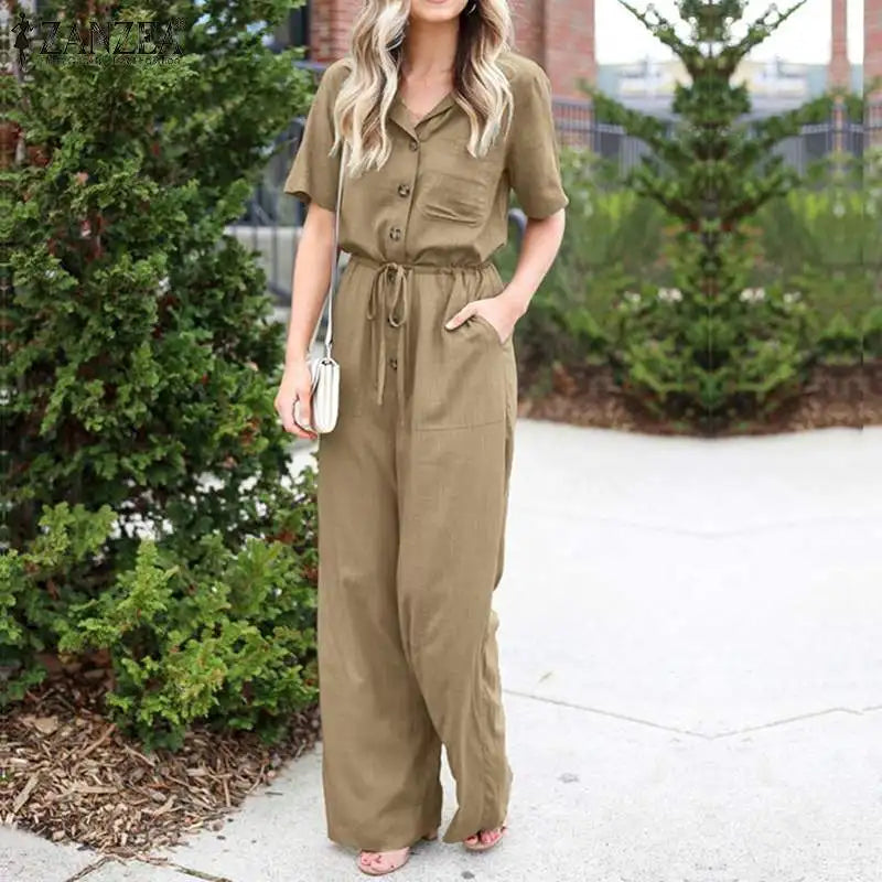 ZANZEA Women Summer Floral Print Jumpsuits Lapel Neck Short Sleeve Wide Leg Overalls Long Rompers Loose Vintage Casual Playsuits