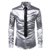 Silver Silk Shirt+Tie Set Mens Satin Smooth Tuxedo Shirts Casual Button Down Men Dress Shirts Wedding Party Prom Chemise Homme