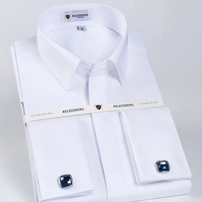 Men's Classic Fly Front Placket French Cuffs Dress Shirt Without Pocket Full Sleeve Standard-fit Banquet Wedding White Shirts