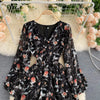 Women's French-Style Vintage Floral Print Jumpsuit V-neck Puff Sleeve Waist Hugging Slimming All-match Casual Playsuits PL465