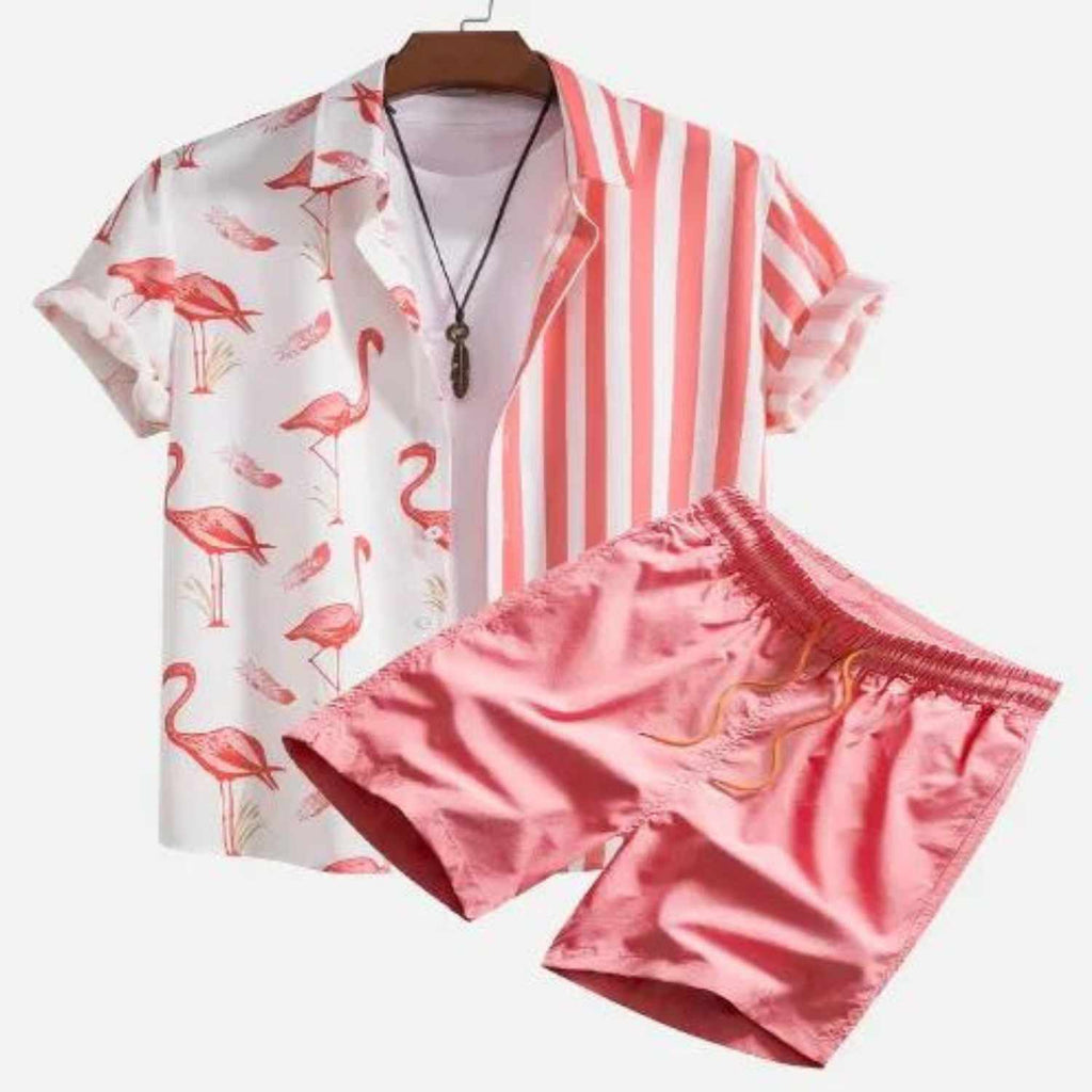 Men's Hawaiian Flamingo Strip Printed Set