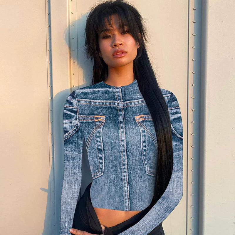 Elegant Style Printed Long-Sleeved Slim round Neck Faux Denim