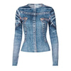 Elegant Style Printed Long-Sleeved Slim round Neck Faux Denim