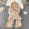 Spring Autumn Vintage Occident Holiday Romper V Neck Flare Sleeve Flower Print Bodysuit Bandage Slim Wide Leg Pant Jumpsuit