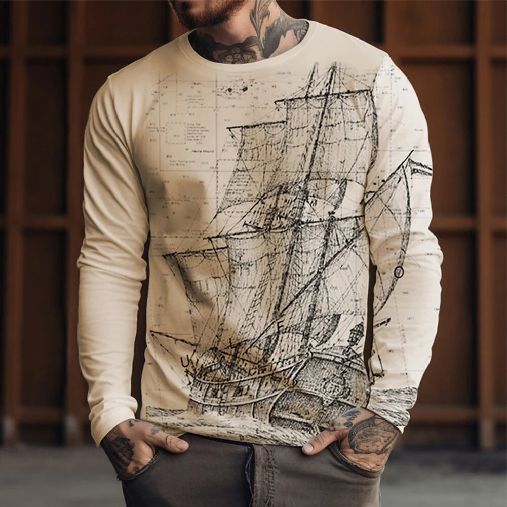 Casual Print Long Sleeve Round T-shirt