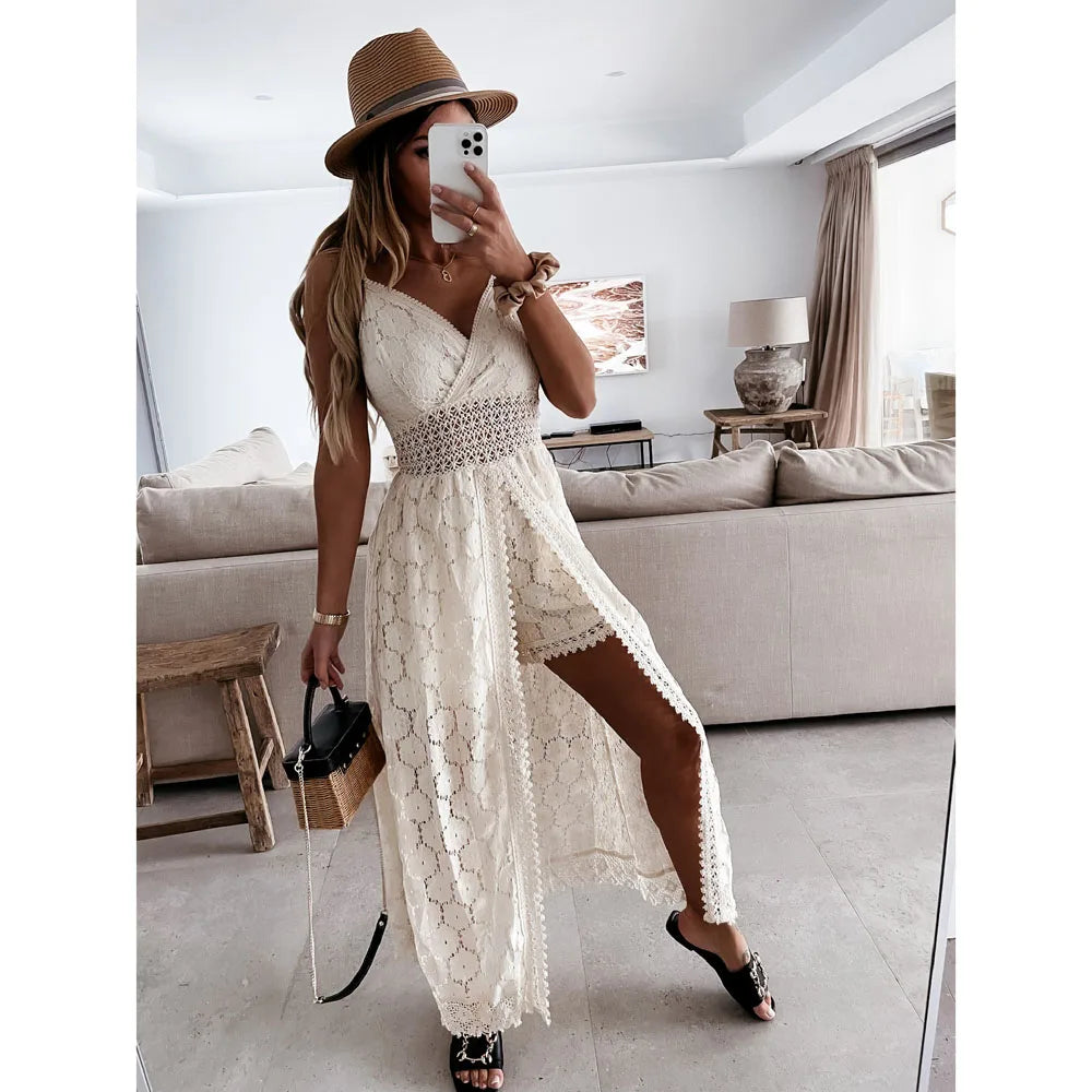Summer V Neck Solid Color Lace Hollow-Out Sleeveless Sling Party Wear High Waist Rompers Holiday Casual White Women's Jumpsuit