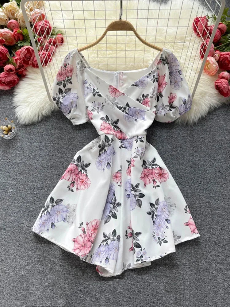 European American Holiday Style Printed Jumpsuit Women's Pleated Slim Short Puff Sleeve Wide-leg Pants GK798