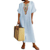 Flower Design V Neck Cotton Linen Dress