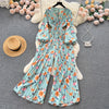 Spring and Autumn Retro V-neck Floral Long-sleeved Jumpsuit Women's Lantern Sleeves Pleated Niche Design Waist Wide-leg Pants