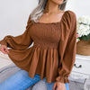 Casual Squared Neck Pleated Ruffle Trim Solid Blouse,Lantern Sleeve Shirt, Women's Clothing
