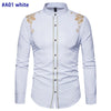Gold Embroidery White Shirt Men Brand New Stand Collar Mens Dress Shirts Casual Slim Long Sleeve Chemise Homme Camisa Masculina