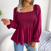 Casual Squared Neck Pleated Ruffle Trim Solid Blouse,Lantern Sleeve Shirt, Women's Clothing