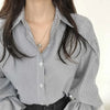 Seoulish Vintage Striped Women's Shirts Autumn Elagant Lantern Long Sleeve Turndown Collar Single Breasted Women's Blouses Tops