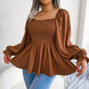 Casual Squared Neck Pleated Ruffle Trim Solid Blouse,Lantern Sleeve Shirt, Women's Clothing
