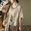Cotton Linen Blouse Floral Print Womens Tops Spring Summer Literary Retro Embroidery Top Casual Contrast Round Neck Blouses
