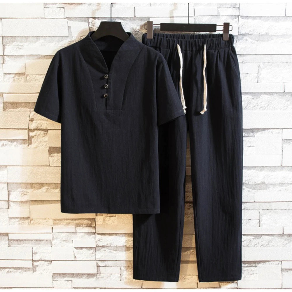 New Arrival Men's Cotton Short Sleeve +Trousers Set