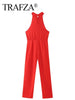 TRAFZA Fashion Women Chic Casual Red High Waist Wide Leg Jumpsuit Female Elegant Hanging Neck Sleeveless Slim Holiday Playsuit