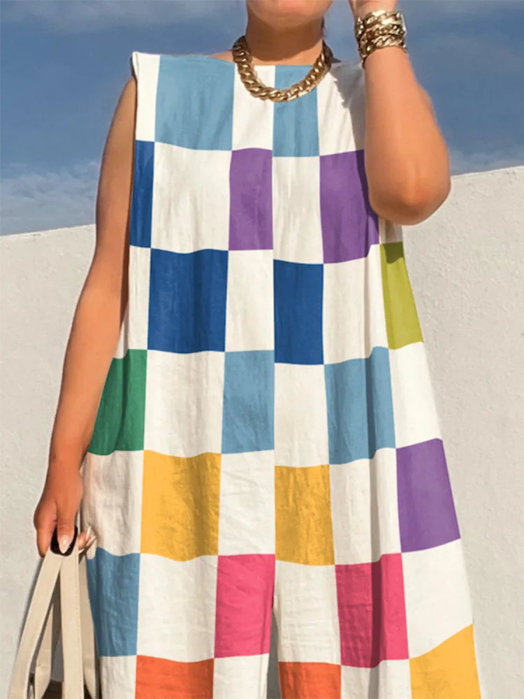 Missuoo 2024 Summer New Women's Jumpsuit Sleeveless Loose Oversized Wide Leg Pants Suit Colorful Plaid Casual Streetwear Overall