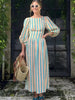 Striped Backless Maxi Dress with Belt and Lantern Sleeves