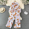 Spring Autumn Vintage Occident Holiday Romper V Neck Flare Sleeve Flower Print Bodysuit Bandage Slim Wide Leg Pant Jumpsuit